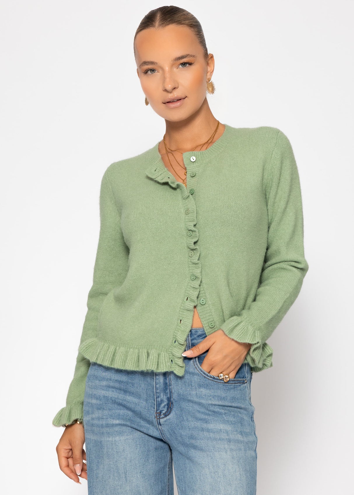 Cardigan mit Rüschen - salbeigrün