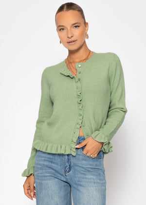 Cardigan mit Rüschen - salbeigrün
