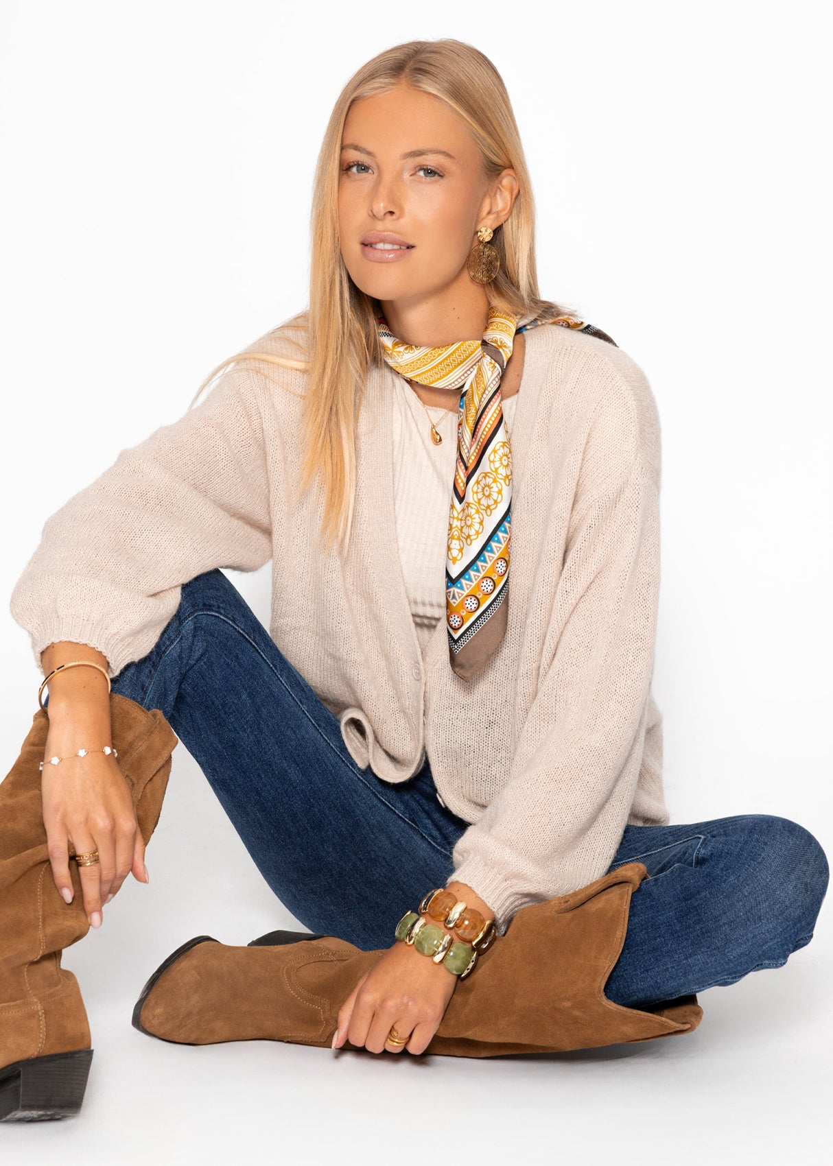 Feinstrick Cardigan mit V-Ausschnitt - beige