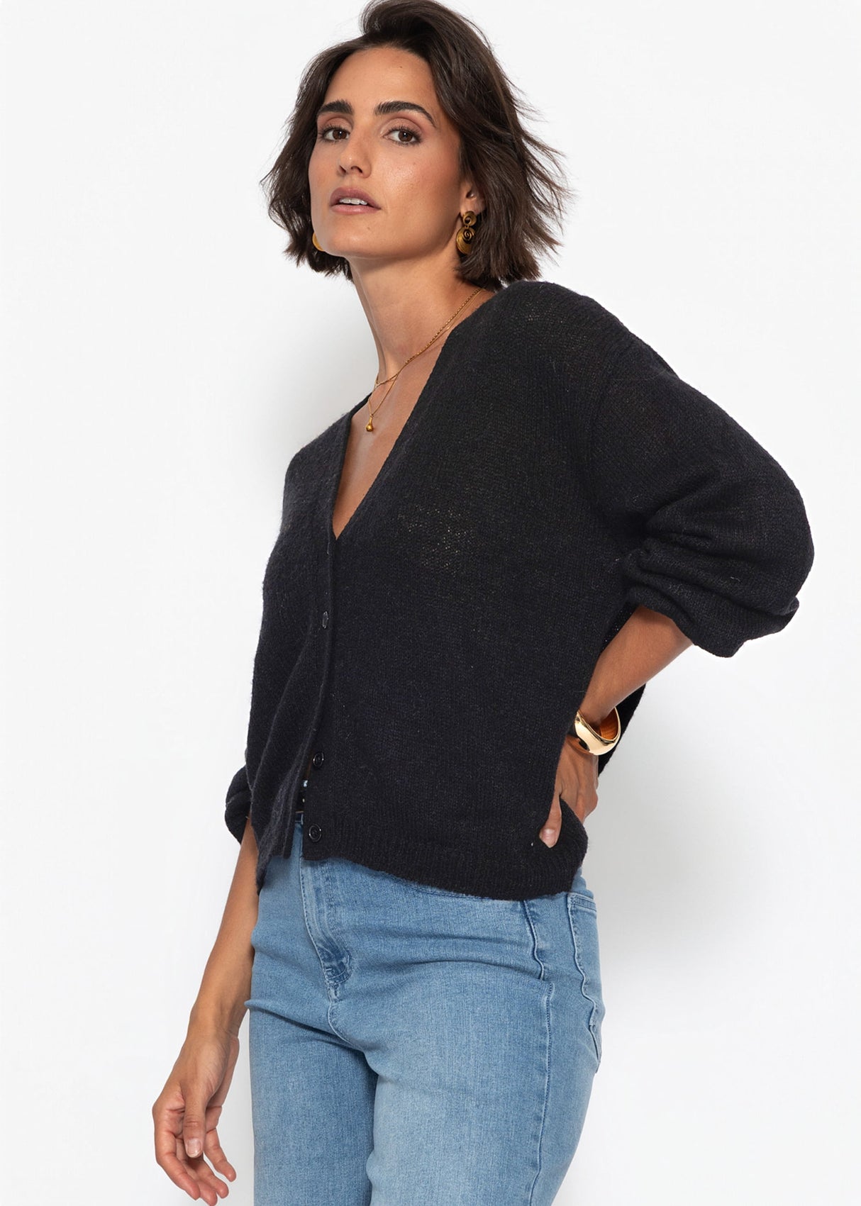Feinstrick Cardigan mit V-Ausschnitt - schwarz