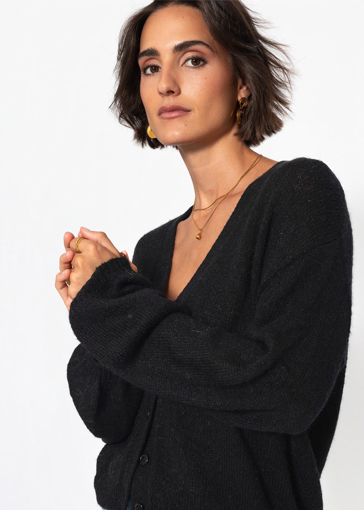 Feinstrick Cardigan mit V-Ausschnitt - schwarz