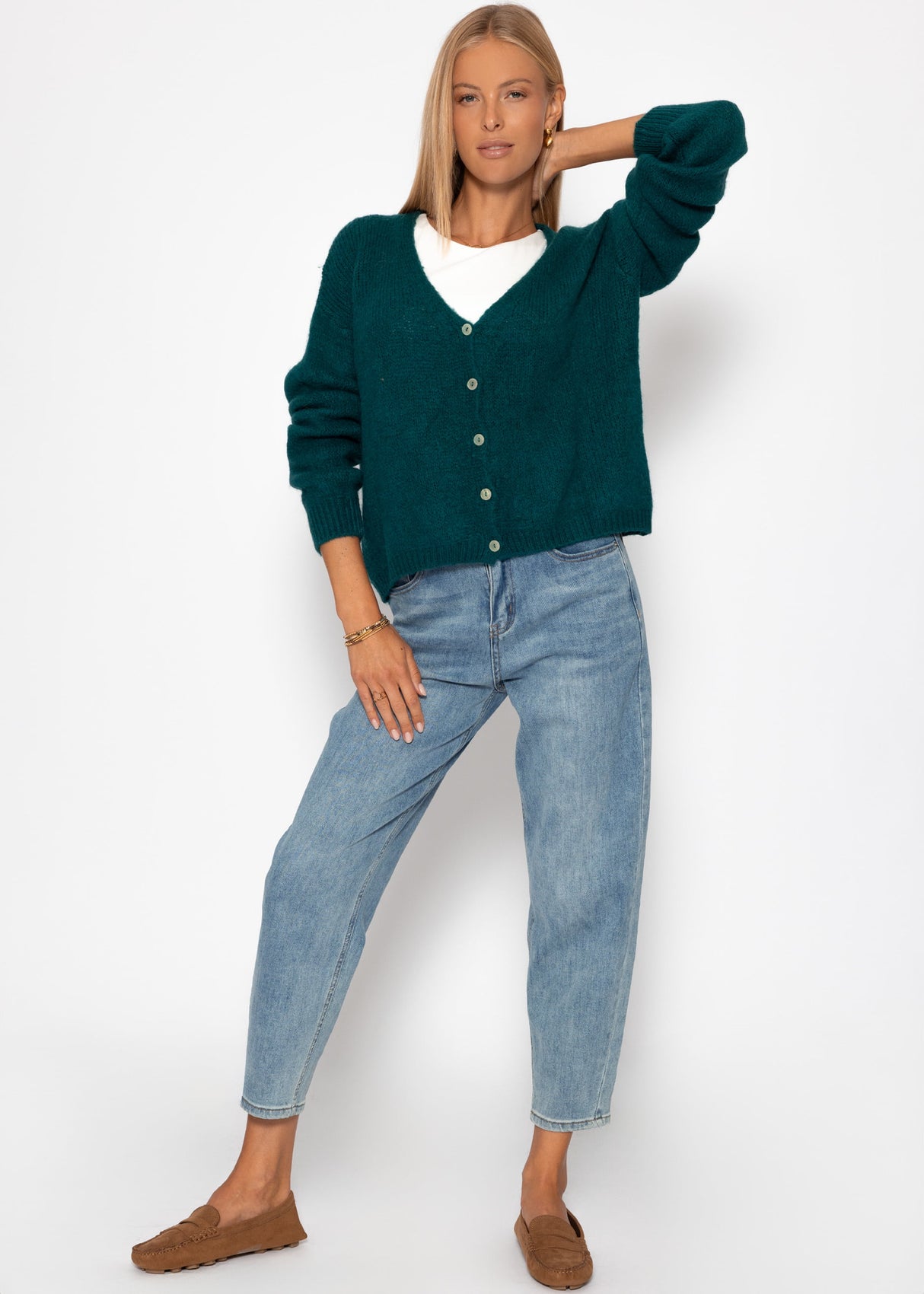 Cardigan with V -neck and button placket - dark green