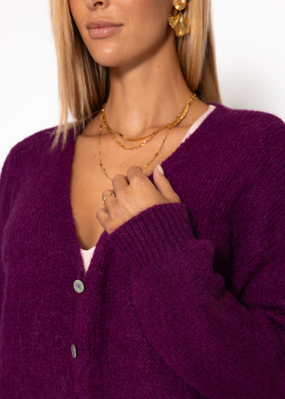 Cardigan with V -neck and button placket - Plum