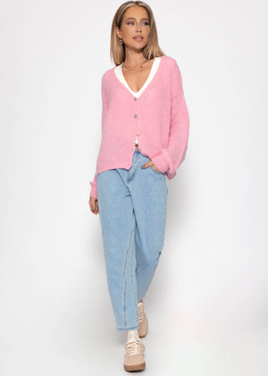 Cardigan with V -neck and button placket - pink