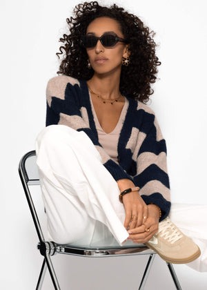 Cardigan with block strips and V-neck-beige-dark blue