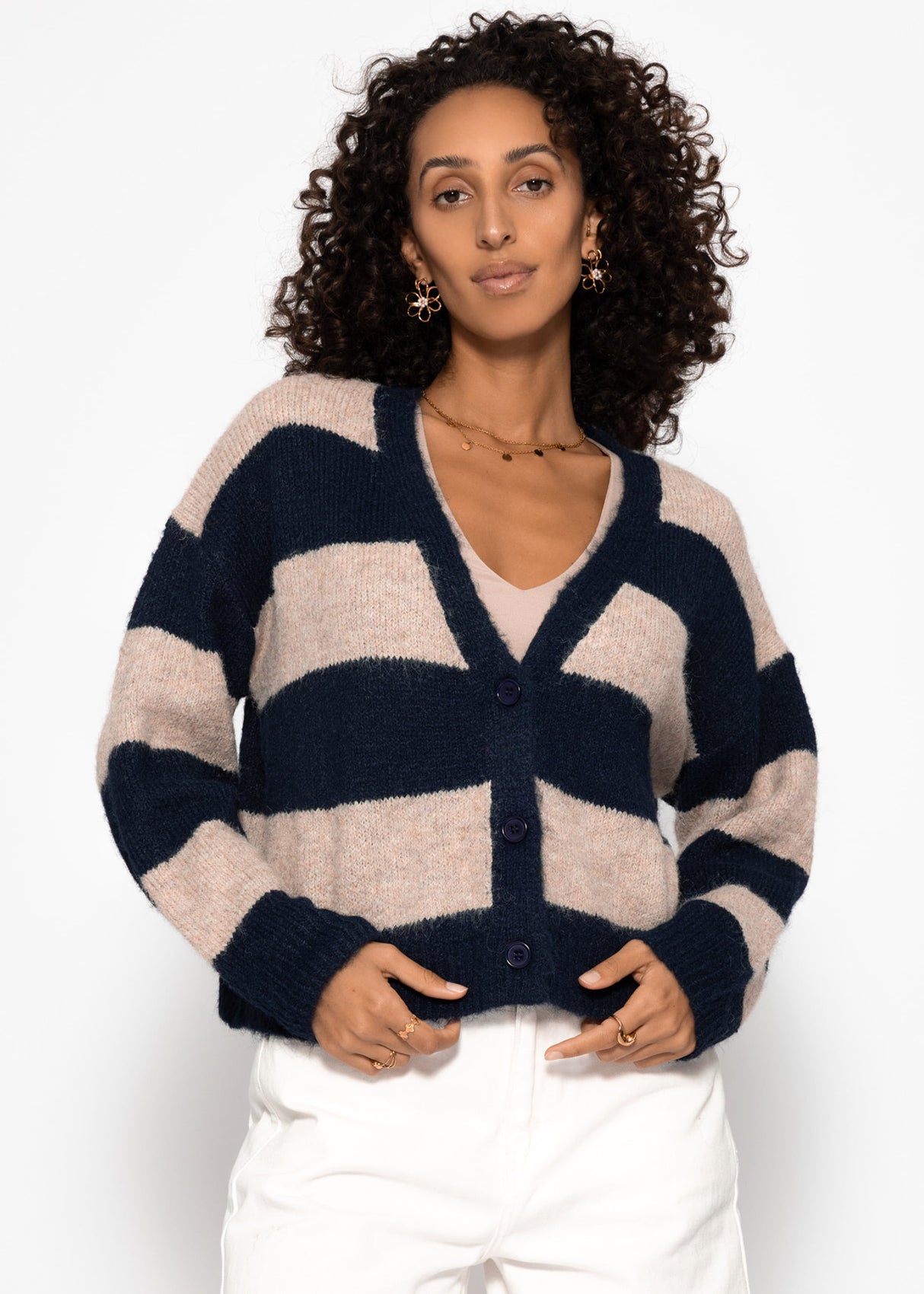 Cardigan with block strips and V-neck-beige-dark blue