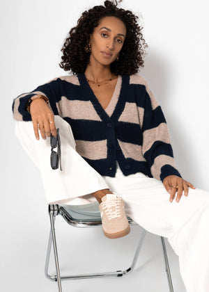 Cardigan with block strips and V-neck-beige-dark blue