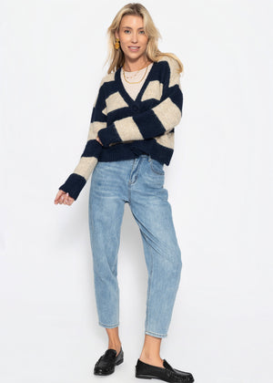 Cardigan with block strips and V-neck-beige-dark blue