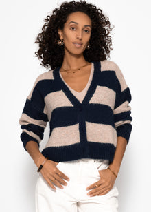Cardigan with block strips and V-neck-beige-dark blue