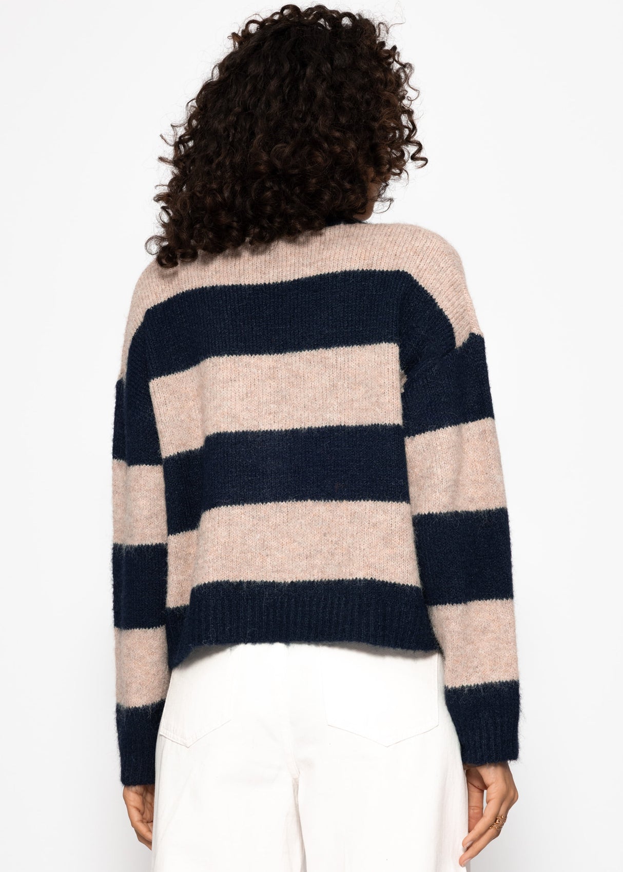 Cardigan with block strips and V-neck-beige-dark blue
