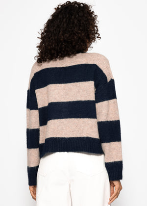 Cardigan with block strips and V-neck-beige-dark blue