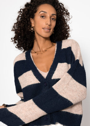 Cardigan with block strips and V-neck-beige-dark blue