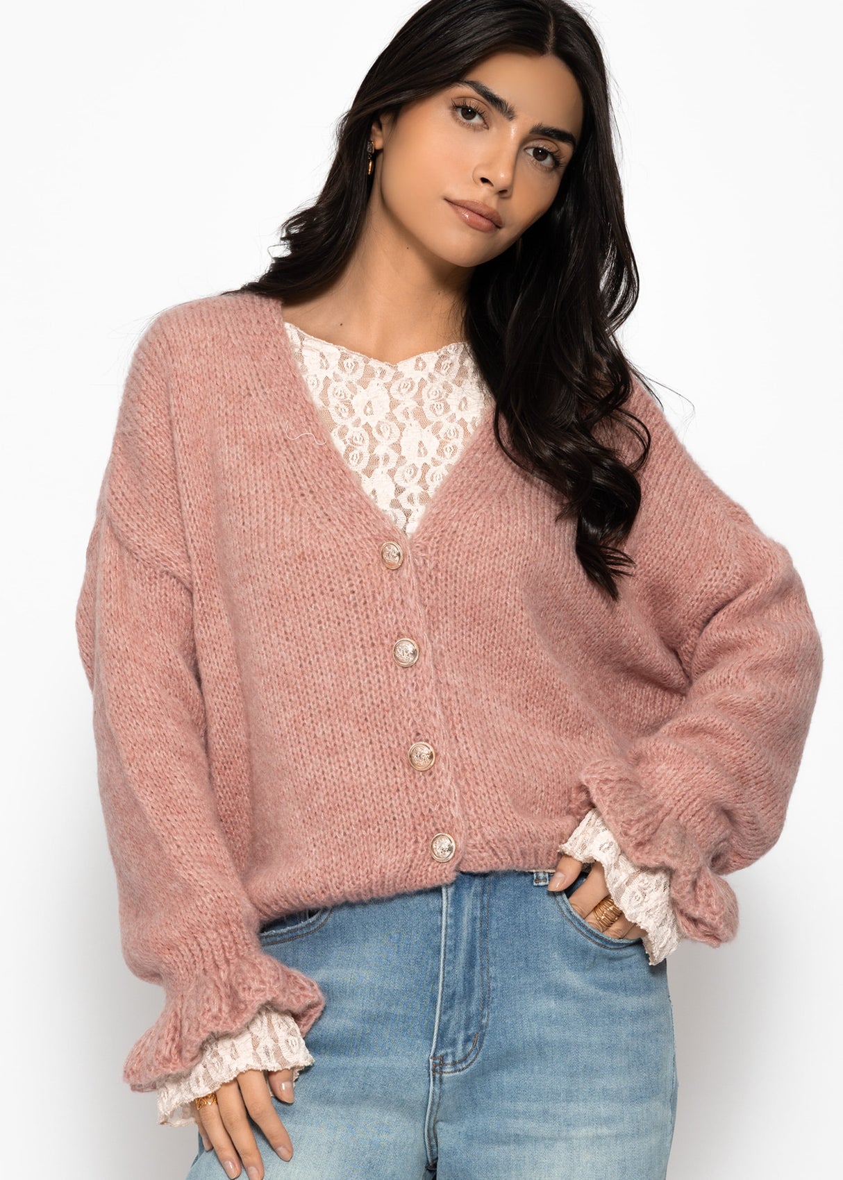 Cardigan with flounces - dusky pink