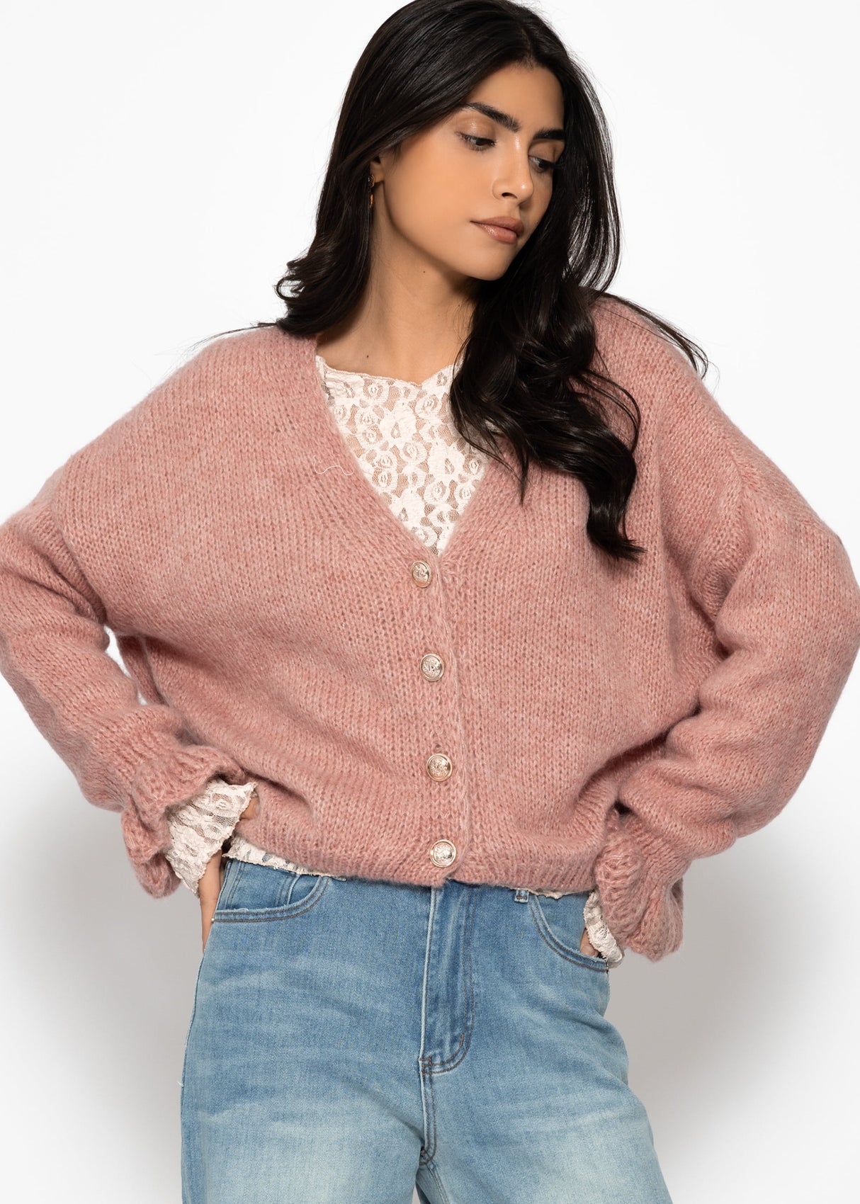 Cardigan with flounces - dusky pink