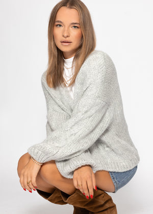 Oversize Cardigan mit Zopfmuster-Detail - hellgrau
