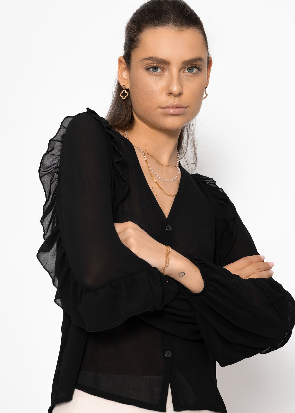 Chiffon blouse with flounces - black