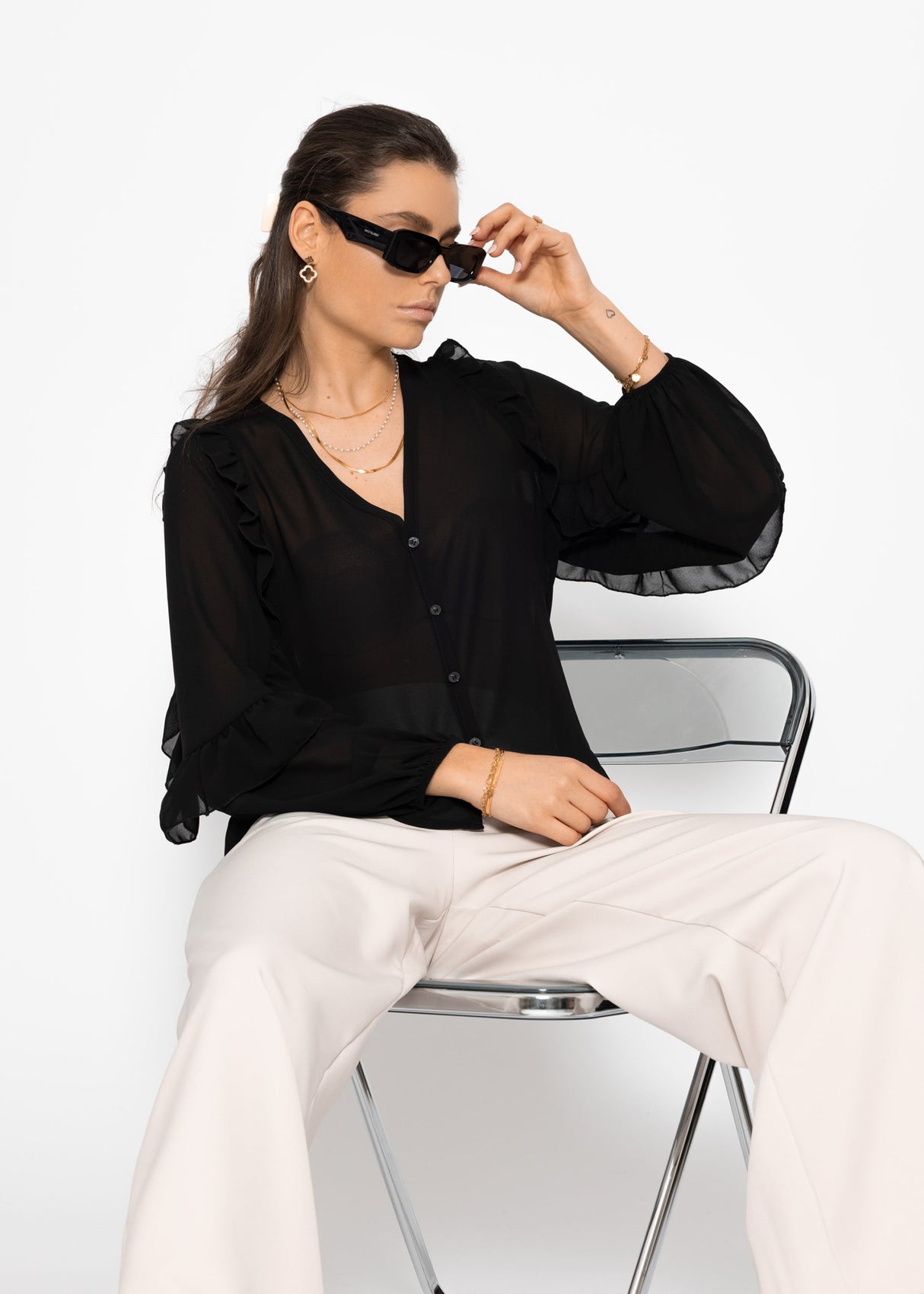 Chiffon blouse with flounces - black