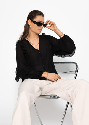 Chiffon blouse with flounces - black