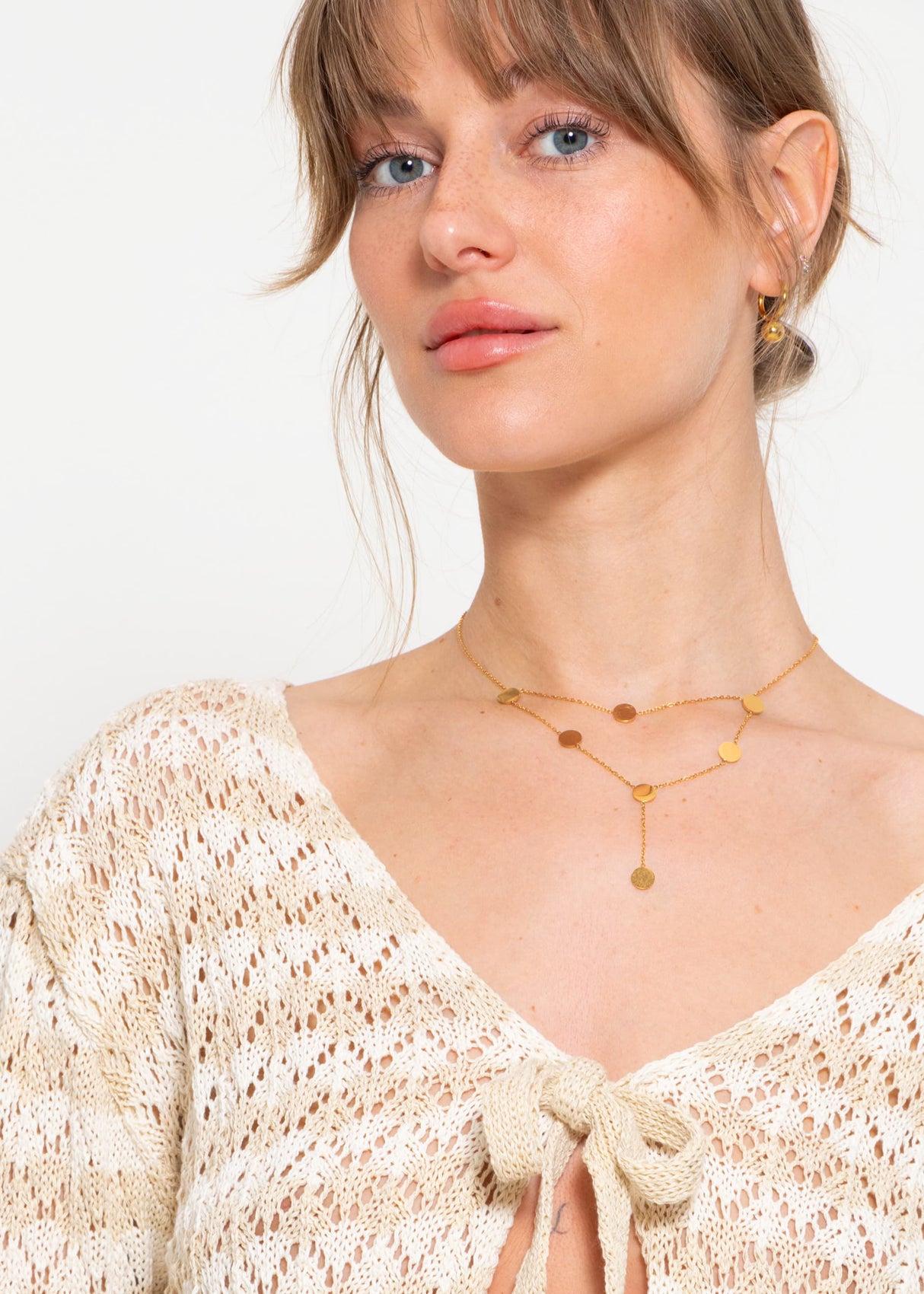 Crop cardigan in openwork knit with ties - beige-off-white