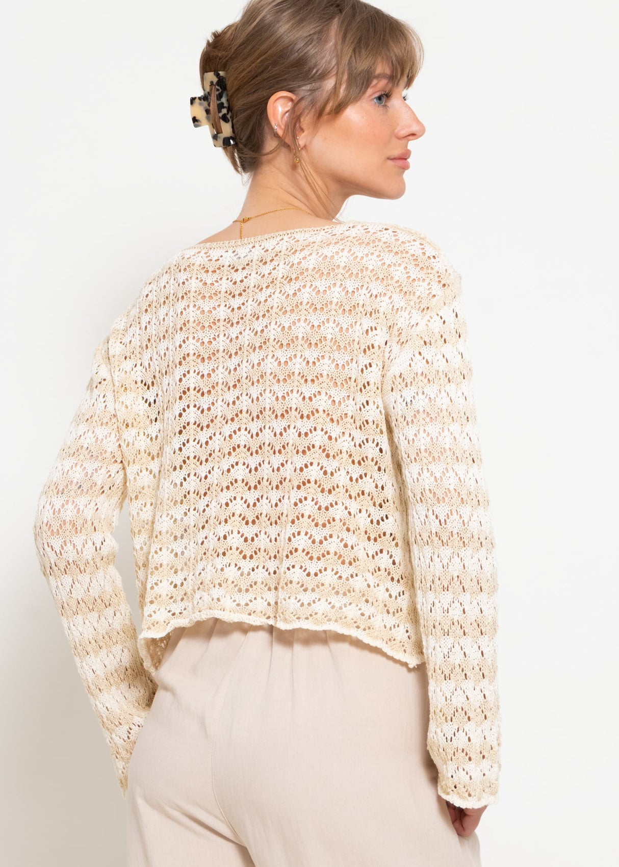 Crop cardigan in openwork knit with ties - beige-off-white