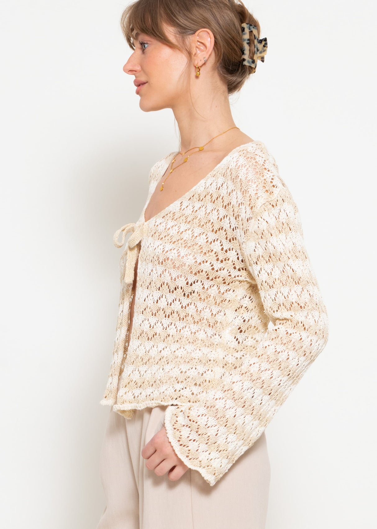 Crop cardigan in openwork knit with ties - beige-off-white