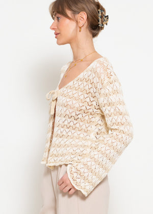 Crop cardigan in openwork knit with ties - beige-off-white