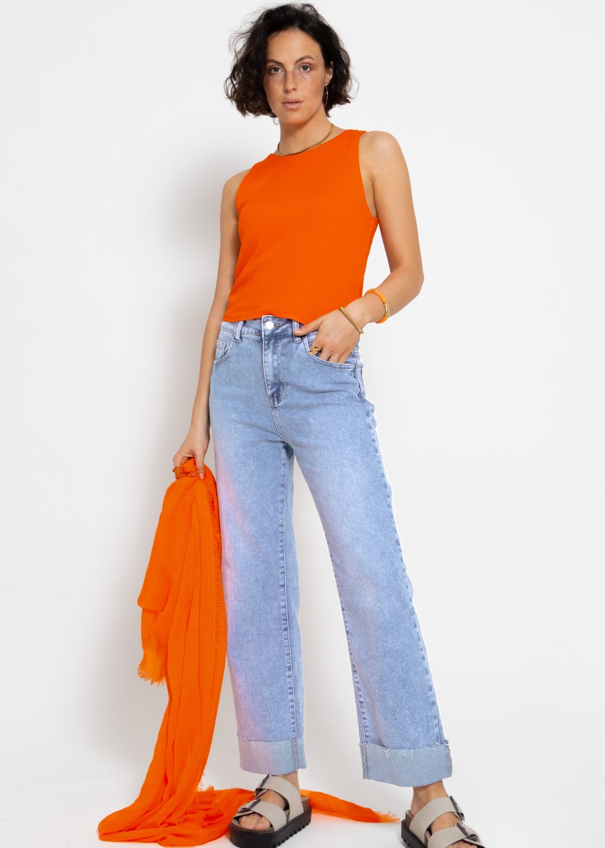 Double-layer ribbed tank top - orange