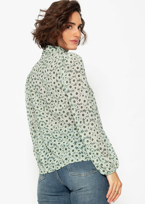 Elegant pussy bow blouse with balloon sleeves and floral print - green