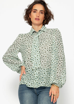 Elegant pussy bow blouse with balloon sleeves and floral print - green