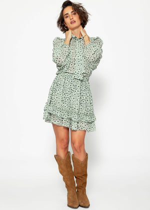 Elegant pussy bow blouse with balloon sleeves and floral print - green