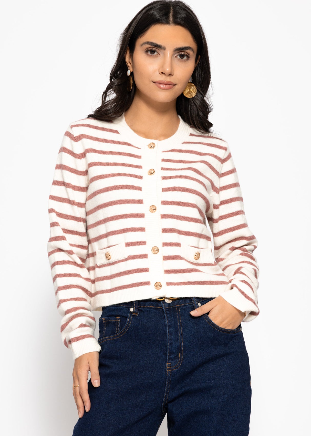 Elegant cardigan with striped pattern - off-white