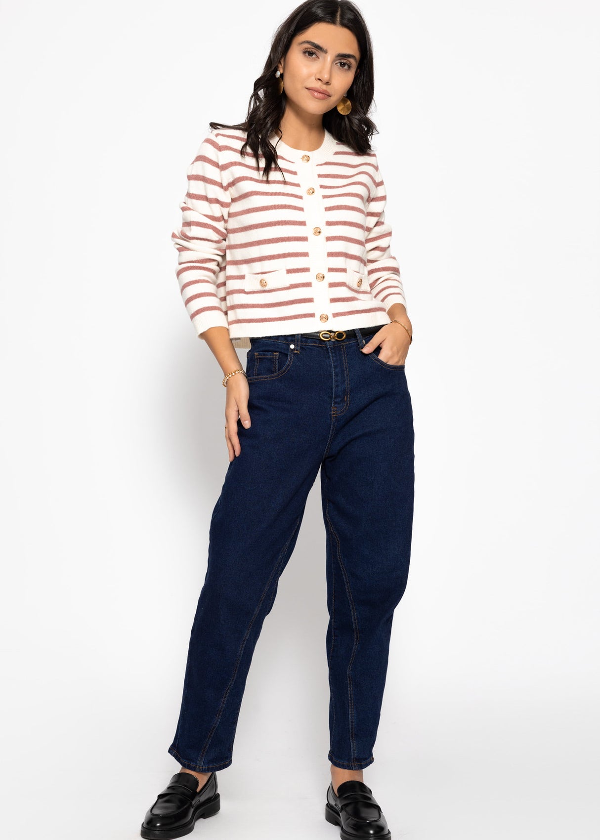 Elegant cardigan with striped pattern - off-white