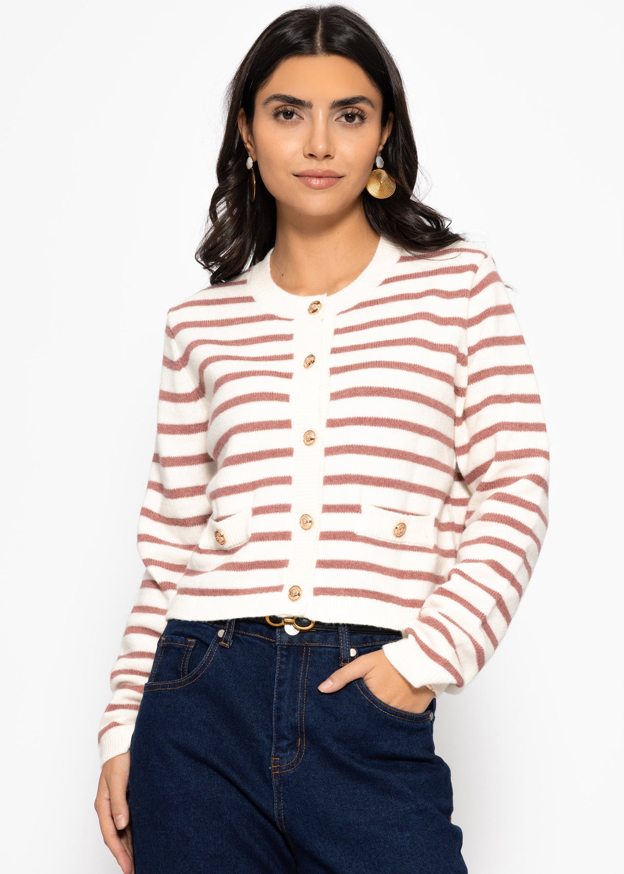 Elegant cardigan with striped pattern - off-white