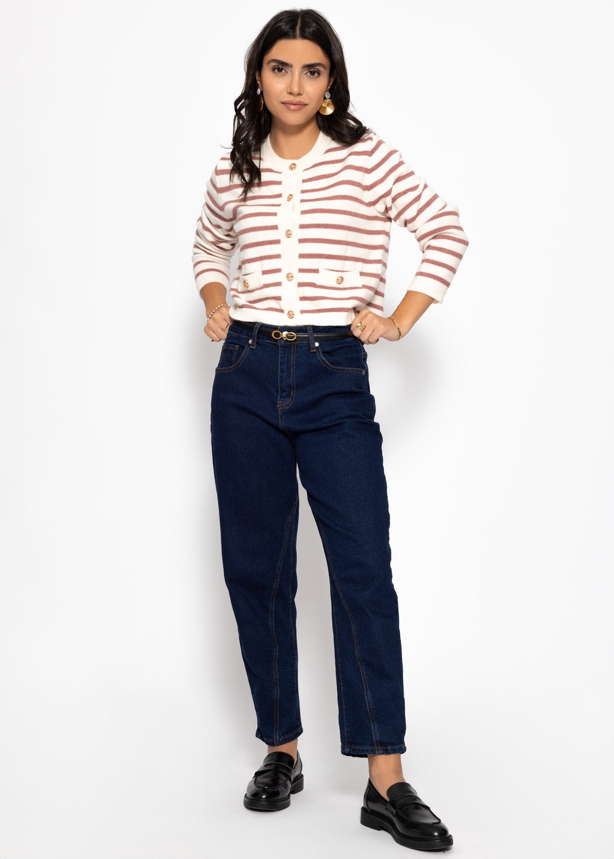 Elegant cardigan with striped pattern - off-white