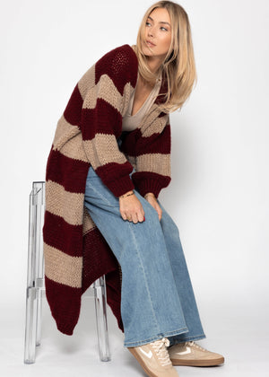 Extra long cardigan with block stripes - burgundy