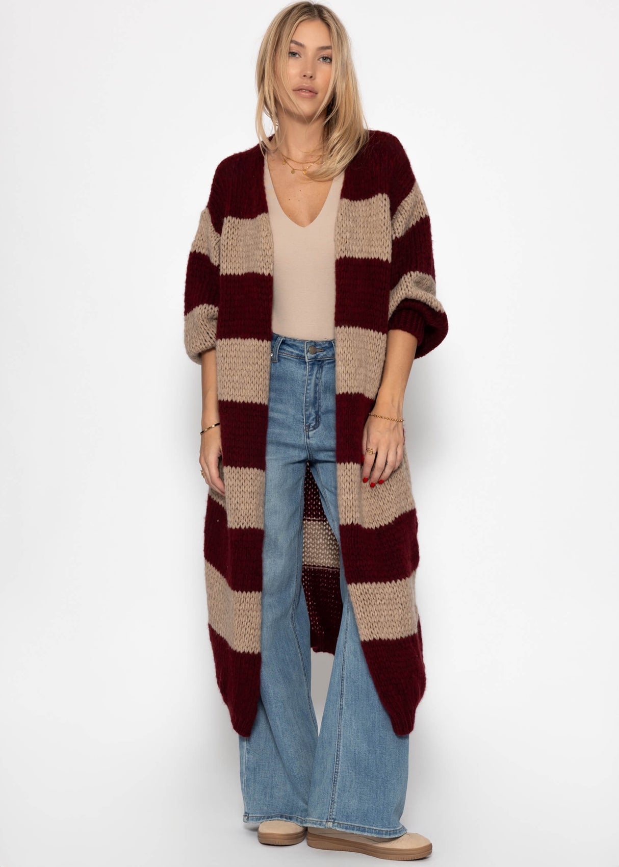 Extra long cardigan with block stripes - burgundy