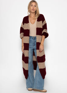 Extra long cardigan with block stripes - burgundy