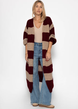 Extra long cardigan with block stripes - burgundy