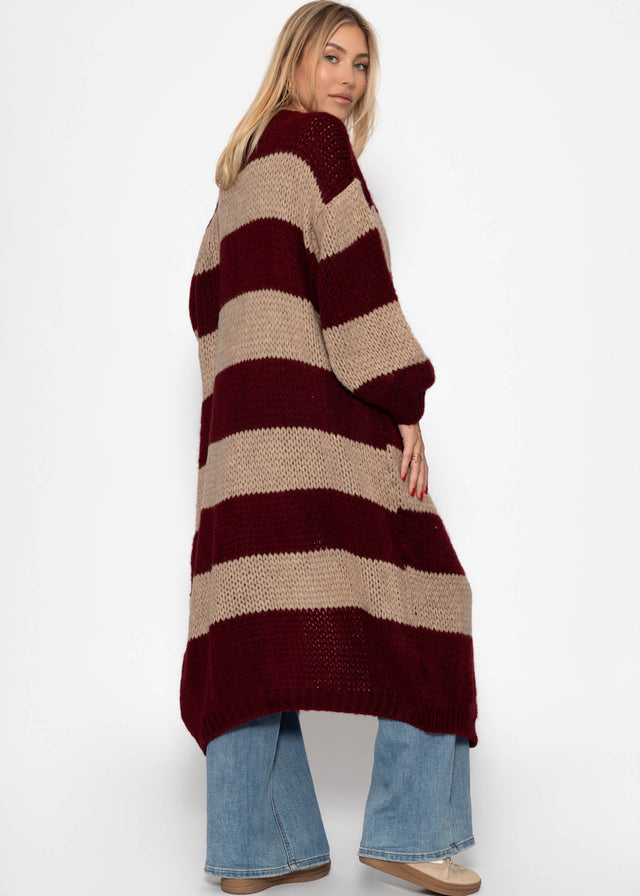 Extra long cardigan with block stripes - burgundy-taupe