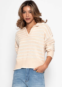 Feinstrickpullover mit Polokragen und Ajourstreifen - beige