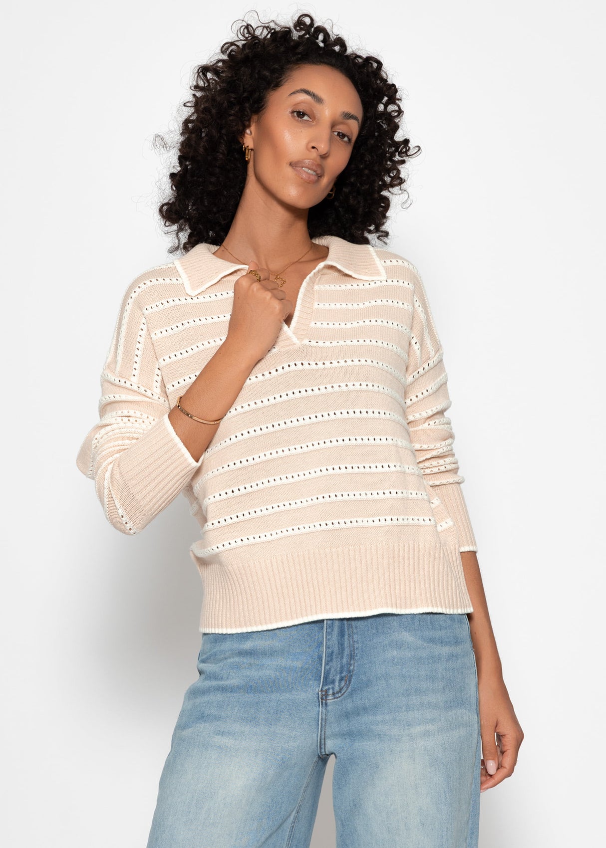 Feinstrickpullover mit Polokragen und Ajourstreifen - beige