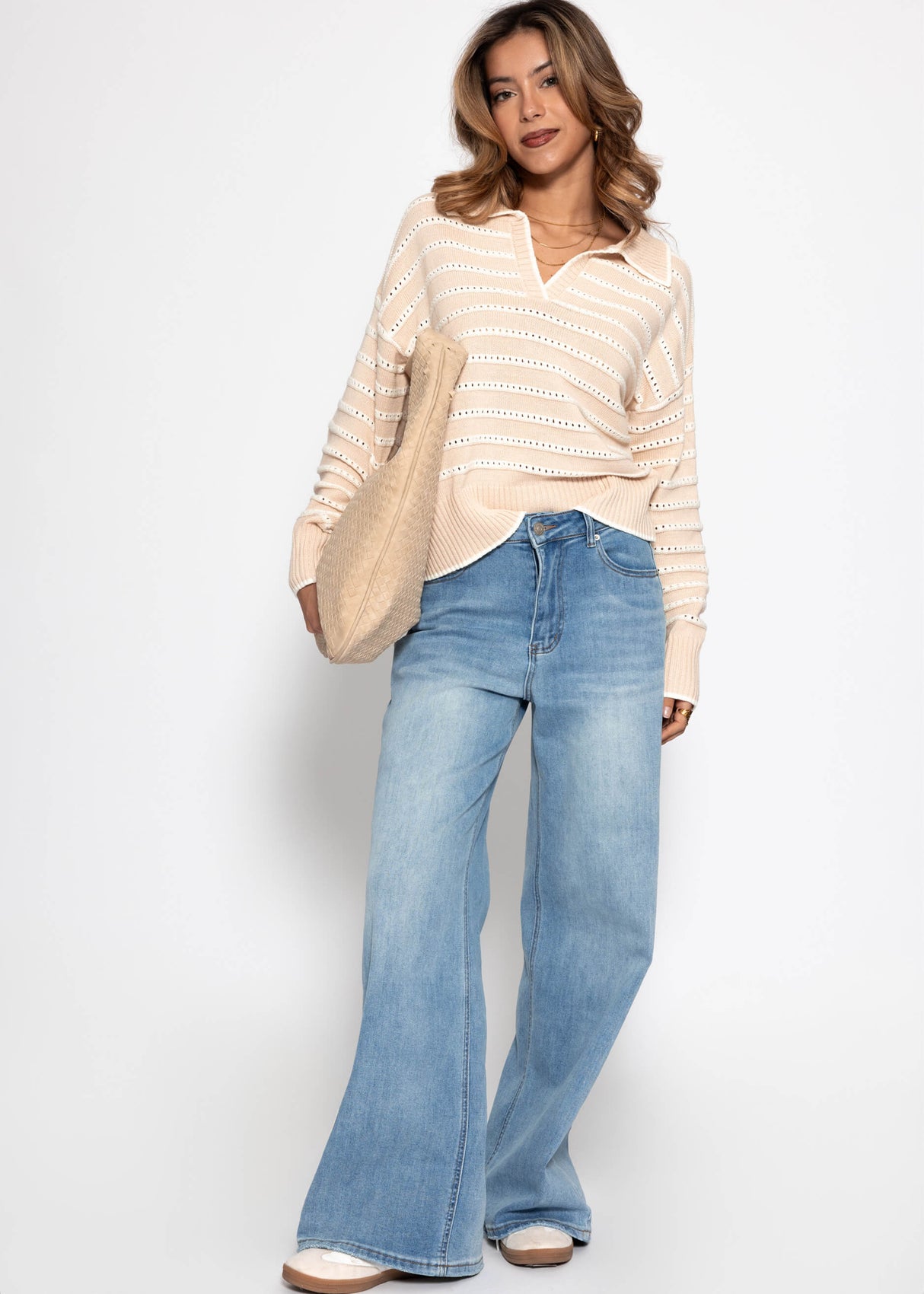 Feinstrickpullover mit Polokragen und Ajourstreifen - beige