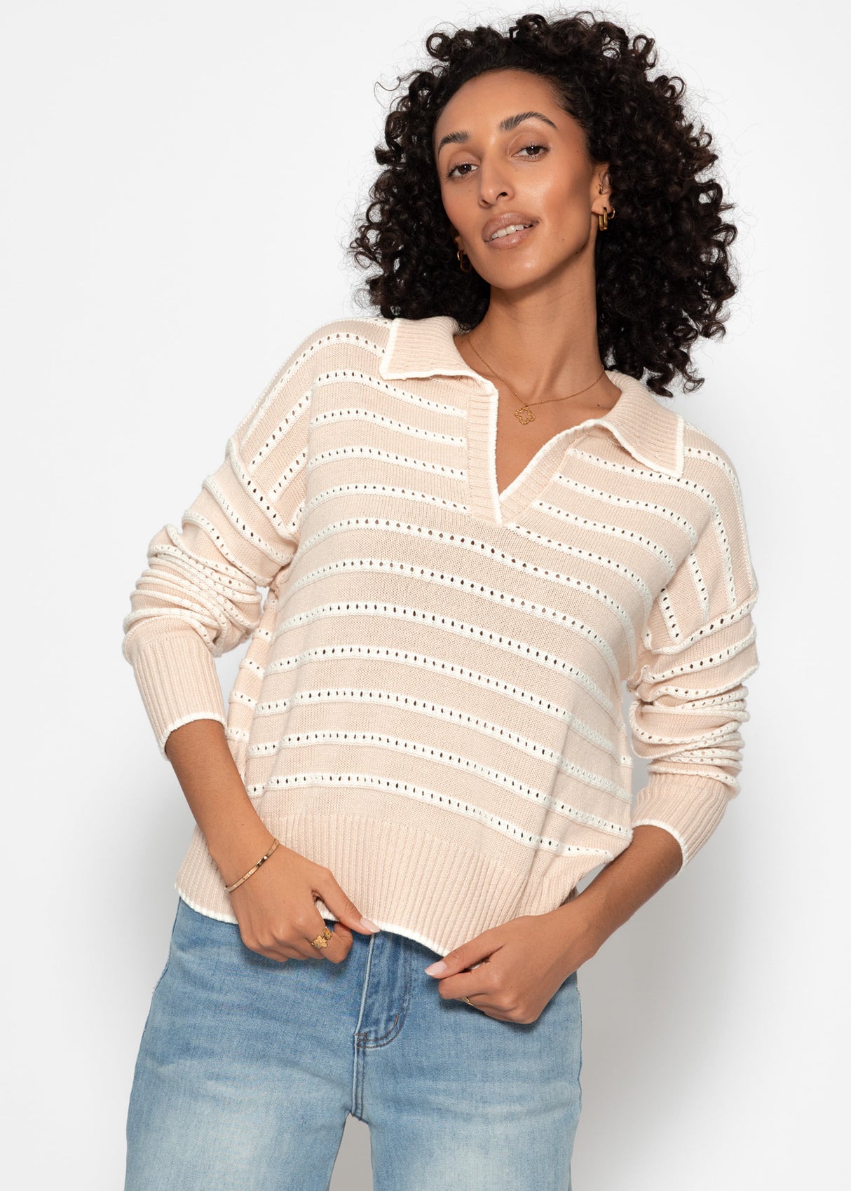 Feinstrickpullover mit Polokragen und Ajourstreifen - beige