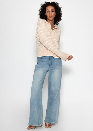 Feinstrickpullover mit Polokragen und Ajourstreifen - beige