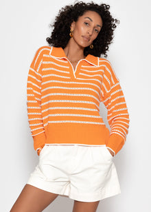 Fine knit sweater with polo collar and openwork stripes - orange