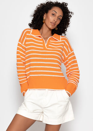 Fine knit sweater with polo collar and openwork stripes - orange