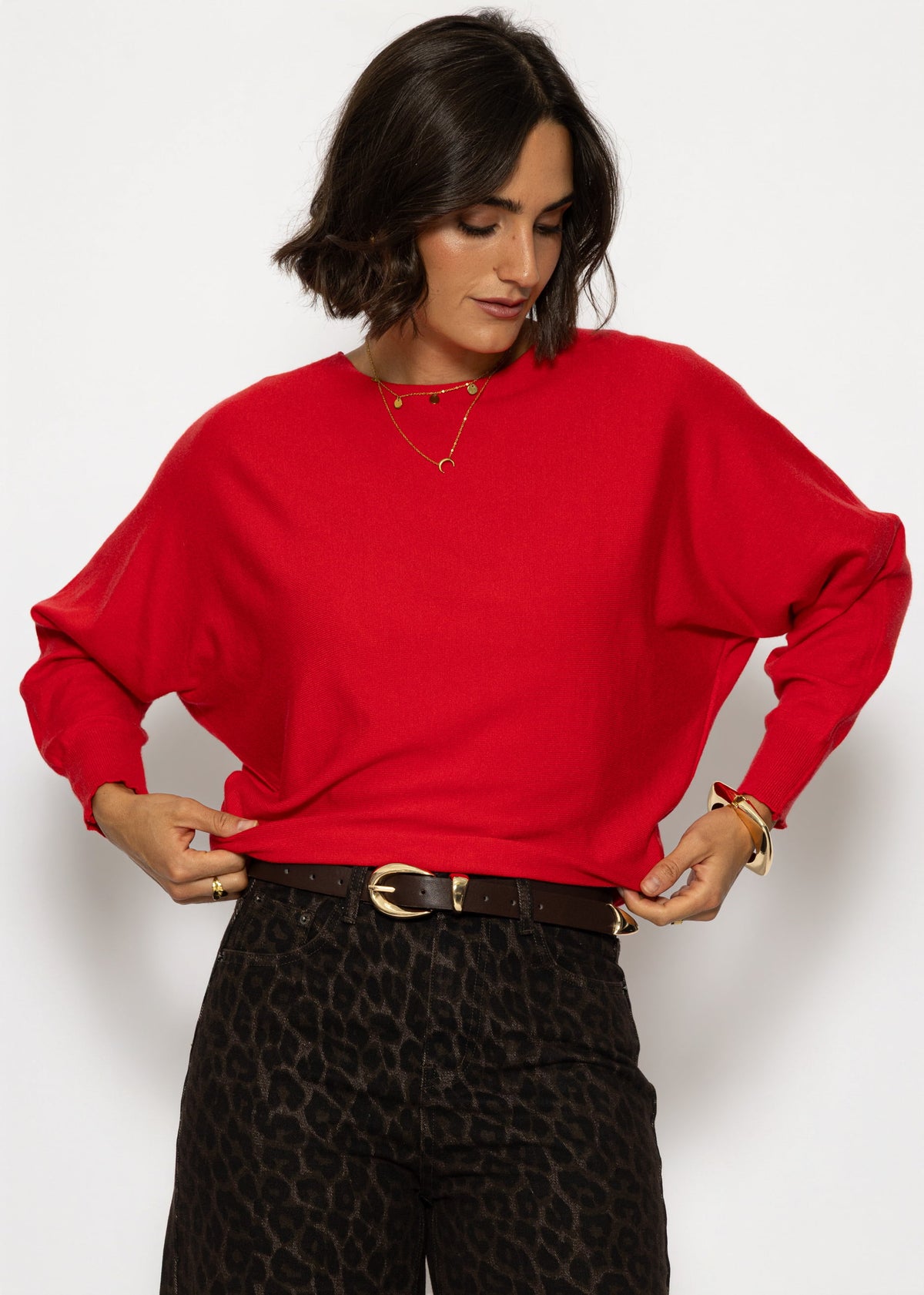 Feinstrickpullover mit Fledermausärmel - rot