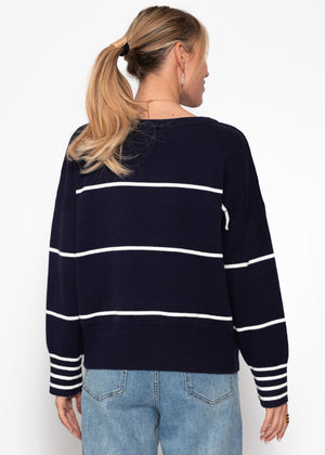 Fine knit sweater with contrast stripes - dark blue