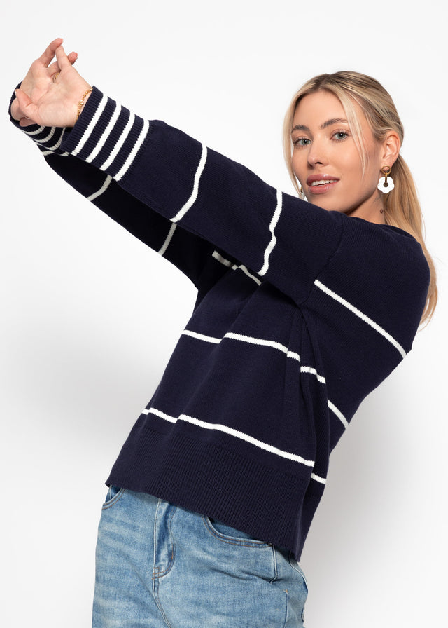 Feinstrickpullover mit Kontraststreifen - dunkelblau