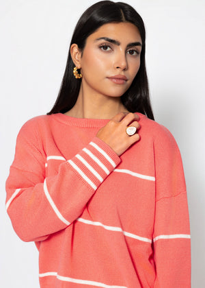 Fine knit sweater with contrasting stripes - coral